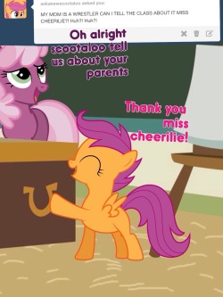 cheerilieisateacher:  Scootaloo tell your parents to come tomorrow after school…..  XD! Oh dear&hellip;.