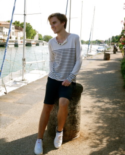 menstreetstyle:  Stroll on the marina in The Kooples shorts, striped sweater Sandro. To complete the outfit: Prada sneakers and nice little detail ..des striped socks Asos