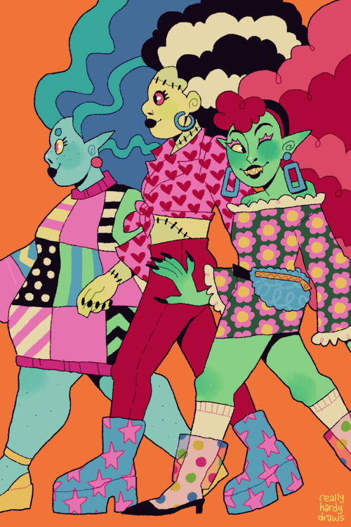 reallyhardydraws:ghouls out on the town – this is now available on lots of stuff on redbubble!