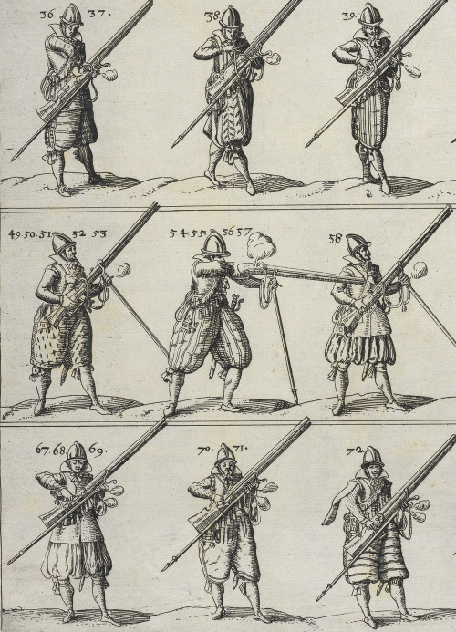 Musket form on point.Figures of soldiers with muskets from L’art militaire pour l’infanterie, 1615.