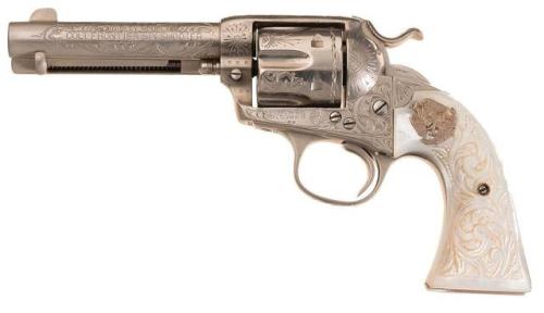 Engraved Texas Ranger Colt Bisley single action revolver with pearl grips, caliber .44-40, manufactu