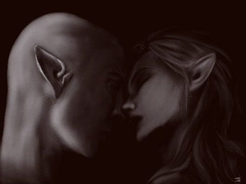 unhealthynpcobsession:Solas and Lavellan. Digital chalk on black background. 5 layers, more or less.