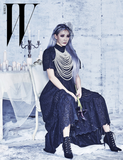 For W Korea Magazine, CL was wearing Valentino Black Eyelet Gown from the Resort 2013 Collection, St