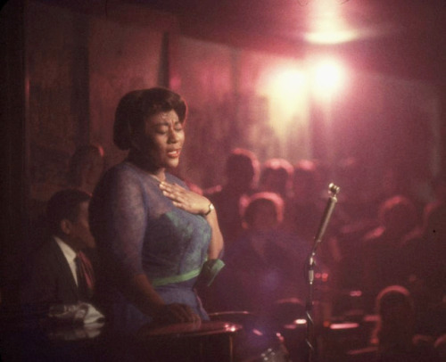 wehadfacesthen:Ella Fitzgerald singing at Mr. Kelly’s, Chicago, 1958, photos by Yale Joel