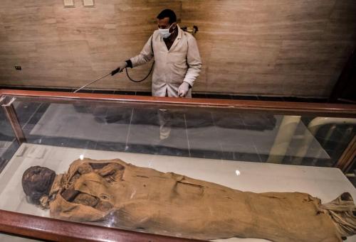 Cleaning crews disinfecting the Egyptian Museum in Cairo amid the coronavirus COVID-19 pandemic, on 