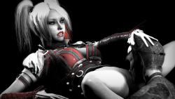 tsarchasmsfm:  Kitty’s TreatVariety! I promised it, and delivered. After three scrapped animations I settled for a still-shot. I’ve always loved Harley’s look in the Arkham games with the colours and designs. There are two versions (click the arrows