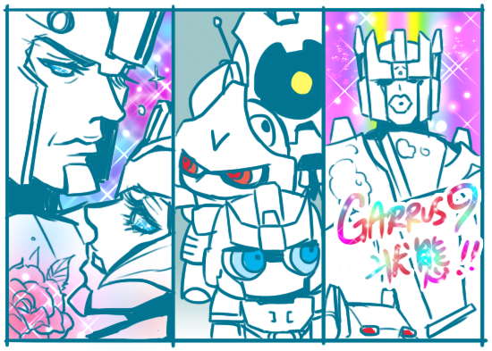 kazenoru:  the first picture with sixshot and whirl and tailgate was drawn by cutter. 