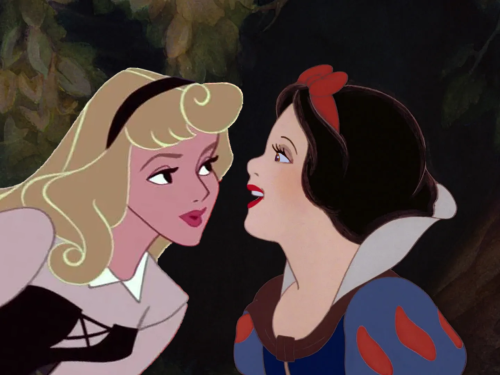 A digitally composited image of Aurora and Snow White, created using Disney screencaps. Aurora and Snow White are leaning towards one another, smiling.