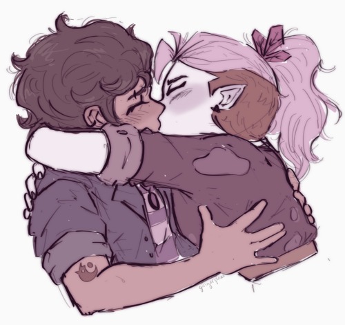 a digital drawing of Amity Blight and Luz Noceda from The Owl House Finale "watching and dreaming". They are shown from the side, kissing, embracing each other. Amity's arms are wrapped around Luz's neck. Luz's hand sits above Amity's waist and her other hand is on Amity's back. Amity is wearing a purple blouse and Luz is wearing a blue blouse with a stripped white and lavender shirt underneath. Luz is wearing a moon necklace.