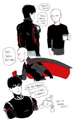 sodam-art:  S: you are bothering me. Go home. G: I can’t do that. Saitama Sen-se. S: It’s been a while to have time to destroy sth. I’m going out now! G: I will follow you. S: NO!! Stay at home. Because of you nobody recognize me! (Everybody thinks