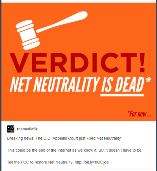 the orange “Net Neutrality is Dead” post with a white gavel was made in 2014