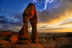 americasgreatoutdoors:  Delicate Arch glows at sunset at Arches National Park in Utah. The park is home to more than 2,000 natural stone arches, in addition to hundreds of soaring pinnacles, massive fins and giant balanced rocks that are unlike any other