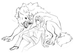 godfather-of-games: from today’s stream - a little doodle for @hypnoanalysis from our fantasy au, where joey is a werewolf and marik is a vampire.  marik puts up with this stupid animal once a month and is so tired of it 