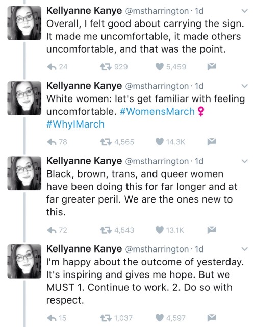 odinsblog:  “White women elected Trump. Black, brown, trans and queer women have been doing this for far longer and at far greater peril.” Any kind of real solidarity from allies has got to start with acknowledging these truths.   Acknowledge white