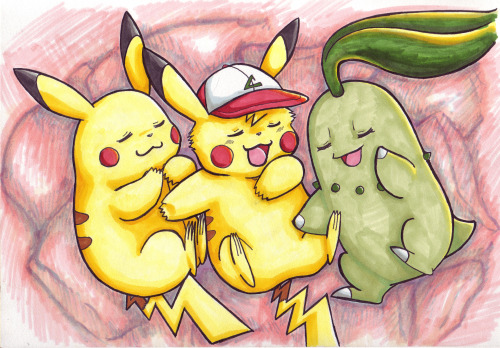 naminori-pikachu:  Continuing my old art uploading spree until I have time to work on more new art. Traditional—pen and marker. Chikorita should technically be bigger, but I think at the time I was trying to fit her on the paper as I had already sketched