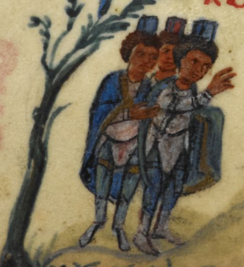 medievalpoc: The Bristol Psalter 223r: Three Chaldeans with Israelite captives. Greece (11th Century