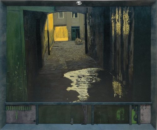 Jacek Rykała（Polish, b.1950 ）Mgła I    1997   olej+kolażCykl Rezydencje-Agnieszka   1998-2000   olej+kolażPodszepty dzielnicy Sielec-radio na pierwszym piętrze   1998   olej+kolarzOgród   1999   olej+kolażAdresat nieznany-żydom ze
