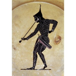 ancientpeoples:  Black-figured plate, attributed to the painter Psiax Greek c.520-500 BCMade in Athens, Greece; from Vulci in Etruria (now in Lazio, Italy) An archer blowing a trumpet The archer on this plate wears a flapped and pointed cap, patterned