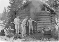 vintagemusclemen: Back to my SA-Kuva files today for some more Finnish military photos from the World War II era.  Here we see some men emerging from a sauna.  One appears to be rubbing himself with snow.