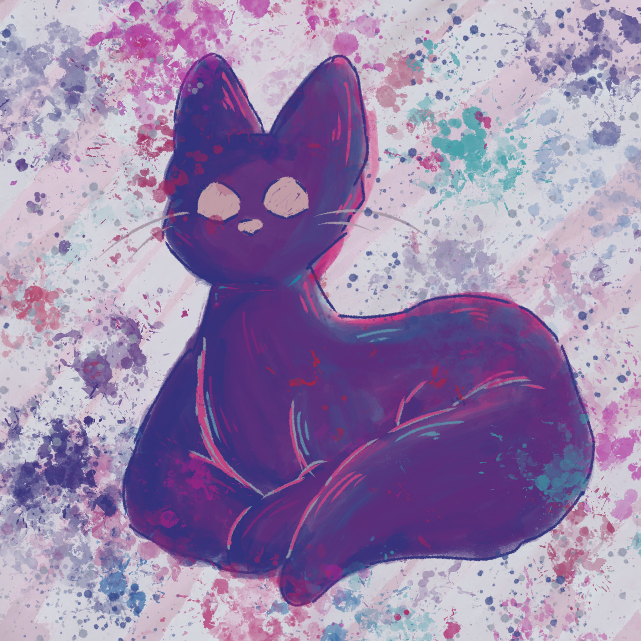 A drawing of a purple slugcat, named Custard, from the game Rain World laying down on a paint splattered background.