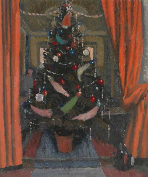 Charles Mahoney - Christmas Tree viewed through red curtains. 1952. Oil on paper.