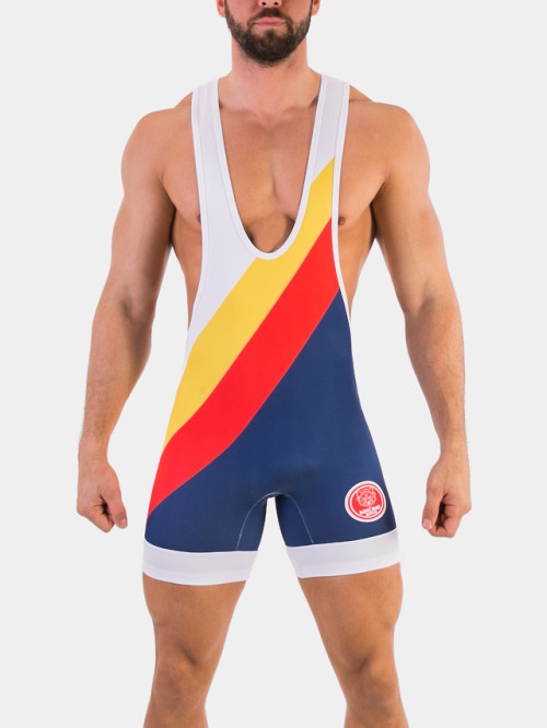 You will be sure to make an entrance with the colourfully daring design of this wrestling suit.  The