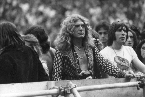 Robert Plant, Mick Hinton and Maureen Wilson at a concert, Wembley, September 1974