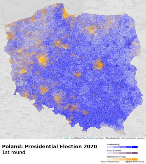mapsontheweb:Poland: 1st round of presidential elections 2020 on municipal level. Countryside vs. ci
