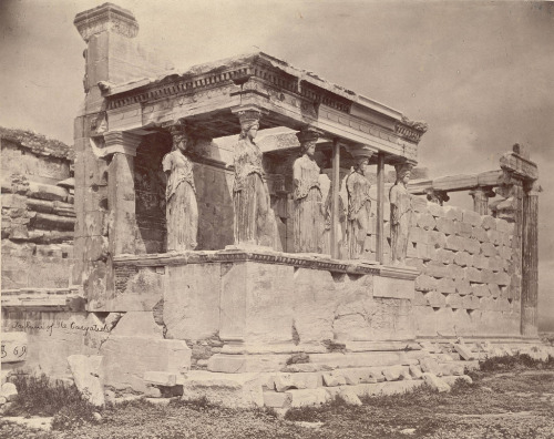 ancientart:The ancient Greek Erechtheum on the Athenian Acropolis, 421-406 BC. In the southwestern corner of the Erechtheum is the famous ‘Porch of the Maidens’ (photo 1), where statues of six young girls take the place of supporting columns.