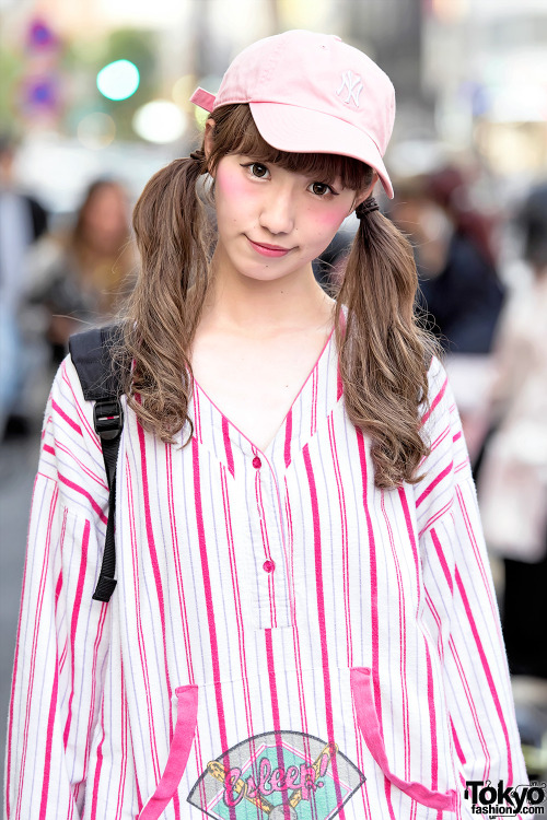 Japanese street style icon Mico on the street in Harajuku wearing vintage Esleep with a NY cap and T