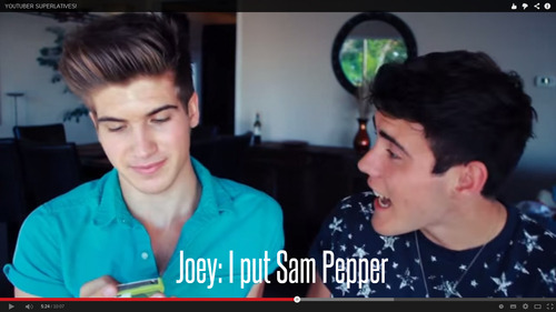 srayne99:  I’ve realized that there seems to be a theme with the answer to “Who Is Most Likely To End Up In Jail” in the Youtuber Superlatives videos Jenn and Rebecca  Joey Graceffa  Marcus and TylerAlexa Losey Kian and Grace           
