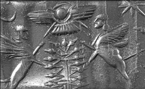 Neo-Babylonian Cylinder Seal with Rampant Sphinxes, 7th-6th Century BCMade of chalcedony, with oppos