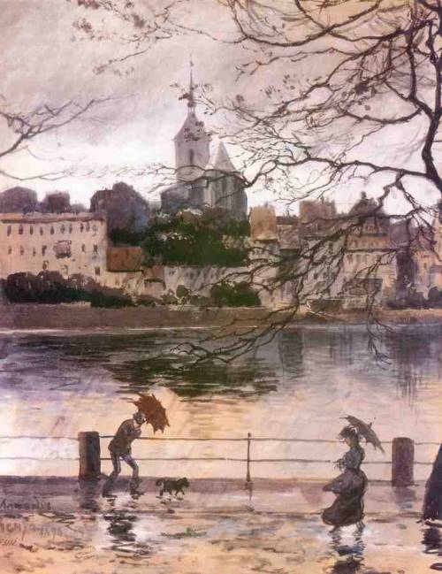 Ray Embankment in Basel in the rain  -  Alexander Benois. 1902Russian  1870-1960