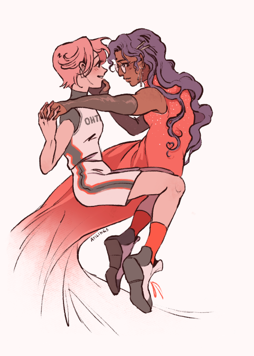 Drawing of Utena and Anthy. Their designs are based on High School Musical. Utena is wearing a basketball uniform, with text that reads "Ohtori." Anthy is wearing a rose bride-like prom dress. They are sitting together, holding hands. Anthy reaches for Utena's face.