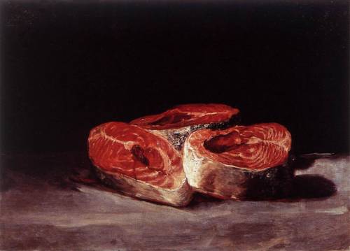 artist-goya:Still Life Three Salmon Steaks, 1812, Francisco José de Goya y LucientesMedium: oil,canv