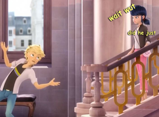 earthboundpenguin:  So… in the English version of “Dark Blade”, this happens:nightmare… knight… mare..ADRIEN YOUR CHAT IS SHOWING but at least Marinette is clueless (let’s face it, if she had actually connected the dots she would have fallen