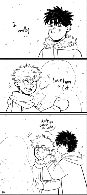 Ren was building a snowman with Yuuichirou  and while he was gone to get branches Takaya had yet ano