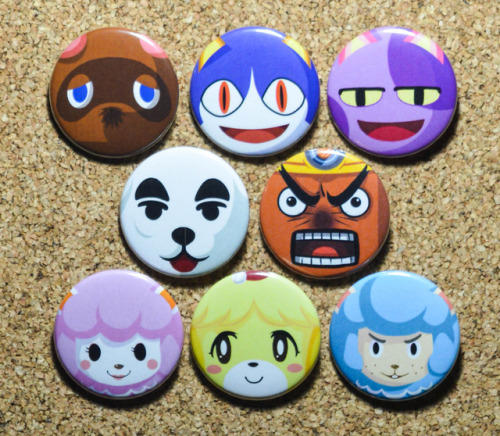 ANIMAL CROSSING Button Set: Rover, Tom Nook, Resetti, K.K. Slider, Bob the Cat, Cyrus, Isabelle and 