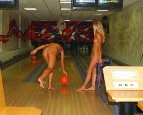 thehomenudist:Looks like lots of fun, but seriously, how do you bowl without bowling shoes???