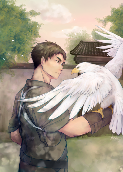 My piece from way back for the Ushijima zine!  Wouldn’t it be cool if he actually knew falconry? I l