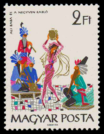 Tales from the Arabian Nights illustration on a Hungarian stamp