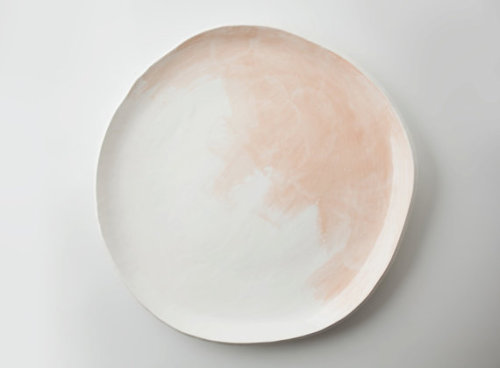 theetsybazaar:Peach Watercolor Platter This 11.5 inch white platter is decorated with a wash of soft peach brush strokes. Fully glazed, this platter can be used safely with food. I advise hand washing to avoid chipping the piece. 