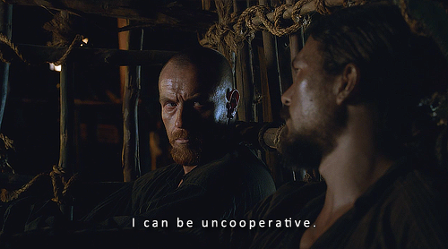 John Silver: What is your biggest weakness?James Flint: I can be uncooperative.John Silver: Okay, gi