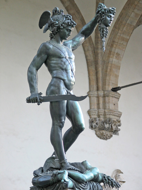 f-l-e-u-r-d-e-l-y-s:  Perseus with the Head of Medusa: Benvenuto Cellini -1554  Sculpture 3.20 m  on a square base with bronze relief panels is located in the Loggia dei Lanzi of the Piazza della Signoria in Florence, Italy. The subject matter of the