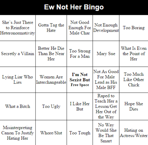 agentxthirteen: The “Ew, Not Her” Bingo, for when your fave female character gets h