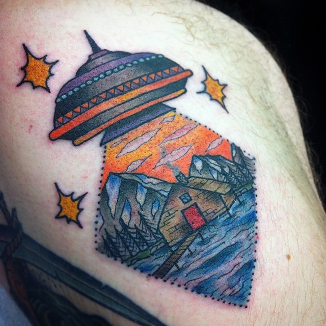 codedfltattoos:  Did this on Cody today. #cottage #ufo #tattoo #tattoosnob #codedfltattoos