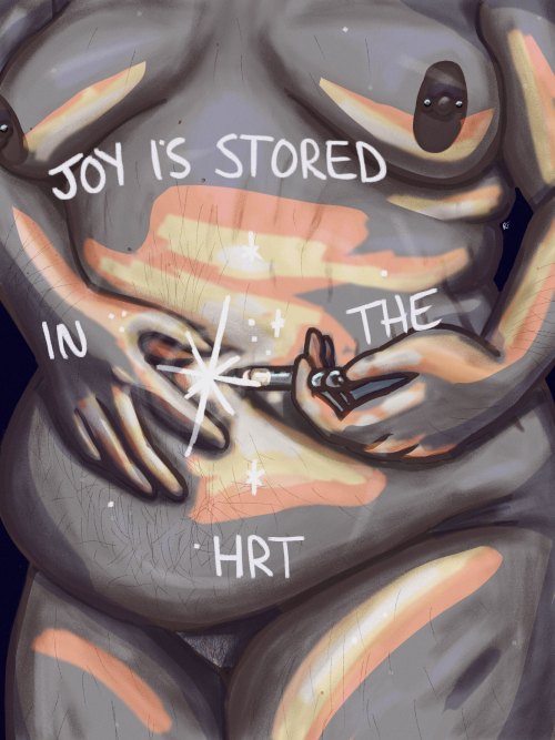 a painting of a fat moderately hairy person's midsection, in diluted blue and grey. they are doing an hrt injection in their belly, which is glowing in warm colors and sparkling. text reads "joy is stored in the hrt"