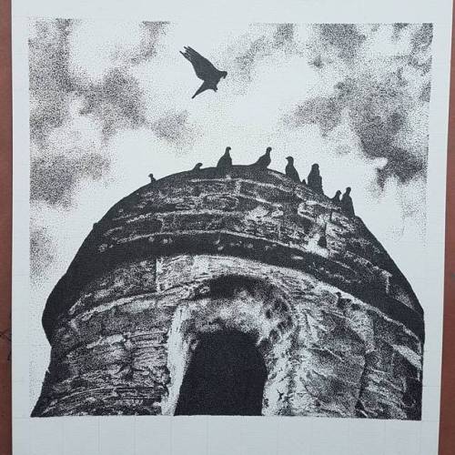 It is completed. Original photo done by @wondrous_sky sometimes i questioned myself why i did it this dark but i love the end results. #blackandwhite #pointillism #stippling #staedtler #penandink #birds #vulture (maybe) #oldbuilding #sky #instart #dotwork