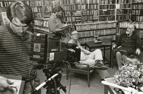 Simon Hoggart filming for Travelog in our old roper street bookshop some years ago