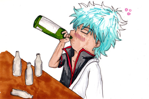 An alcohol drawing of a drunken Gintoki drinking form a bottle.